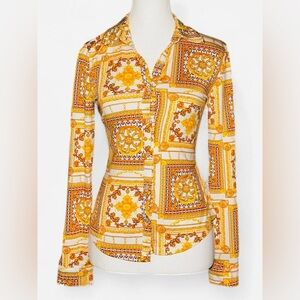 Love 83 Baroque Print Button-Up Long Sleeve Top | Size Small